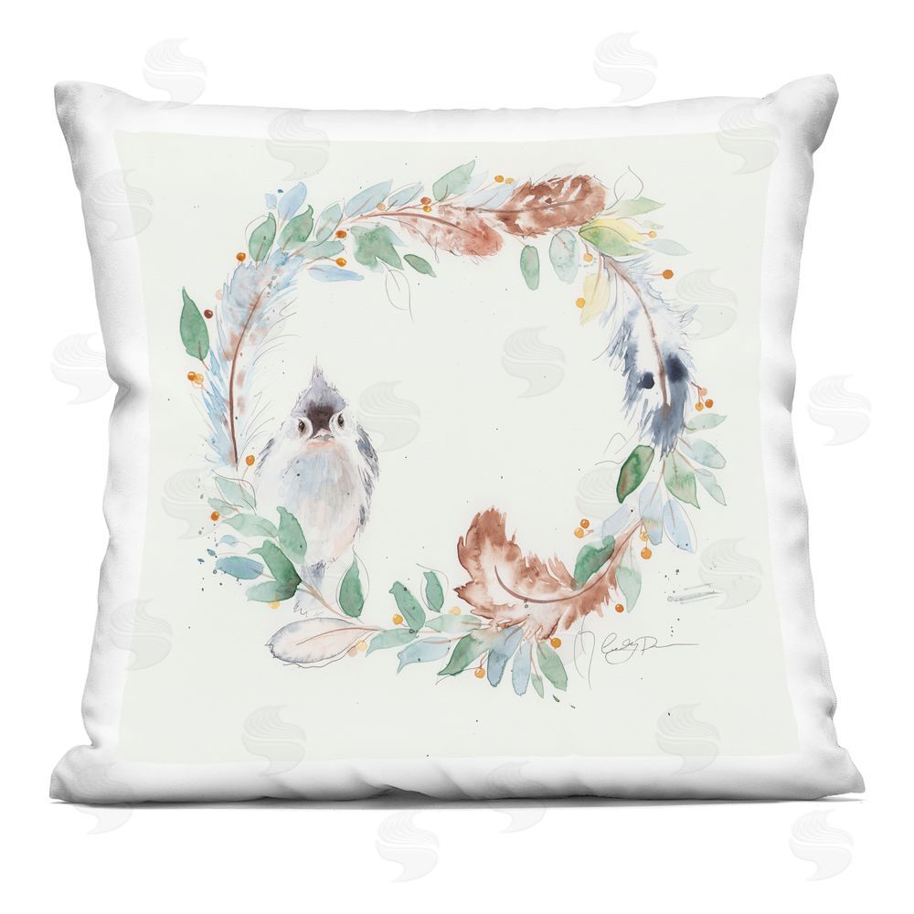 Cady Driver Wispy Bird & Botanical Wreath Indoor Printed Throw Pillow