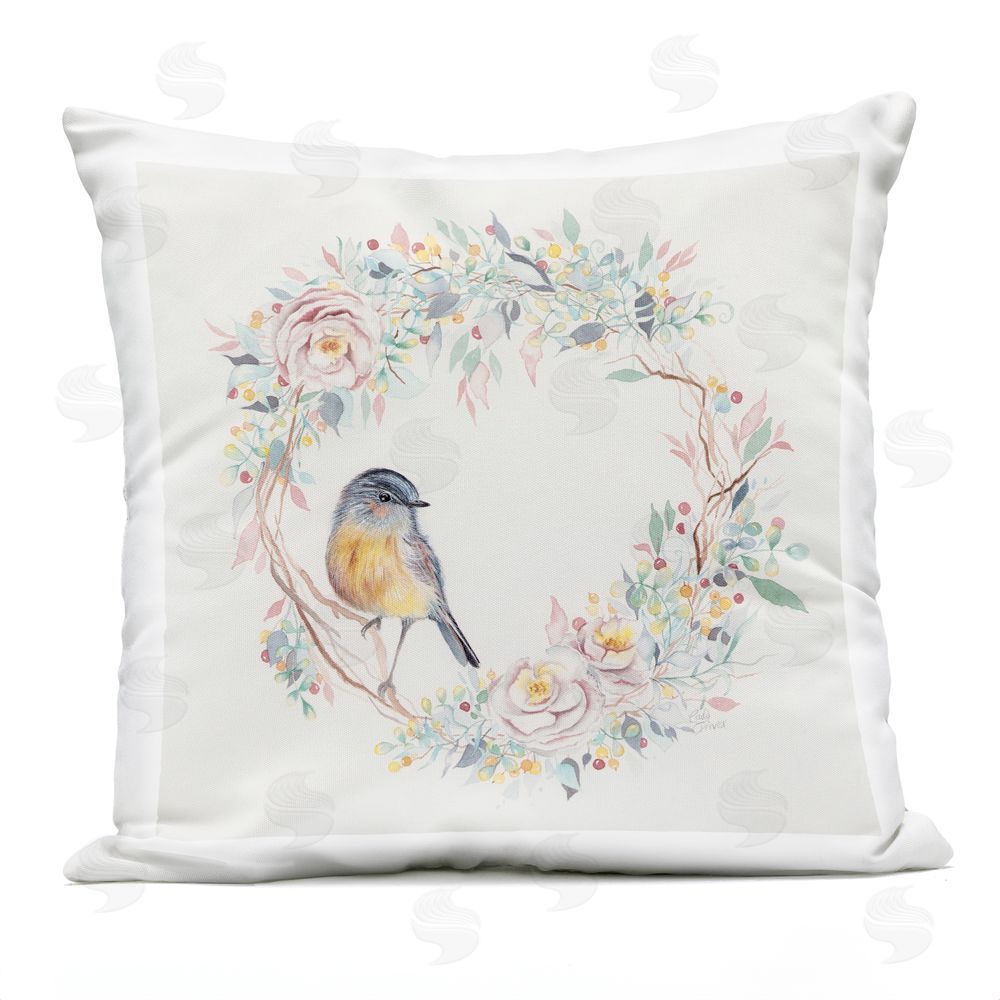 Cady Driver Spring Bird on Flower Wreath Outdoor Printed Throw Pillow
