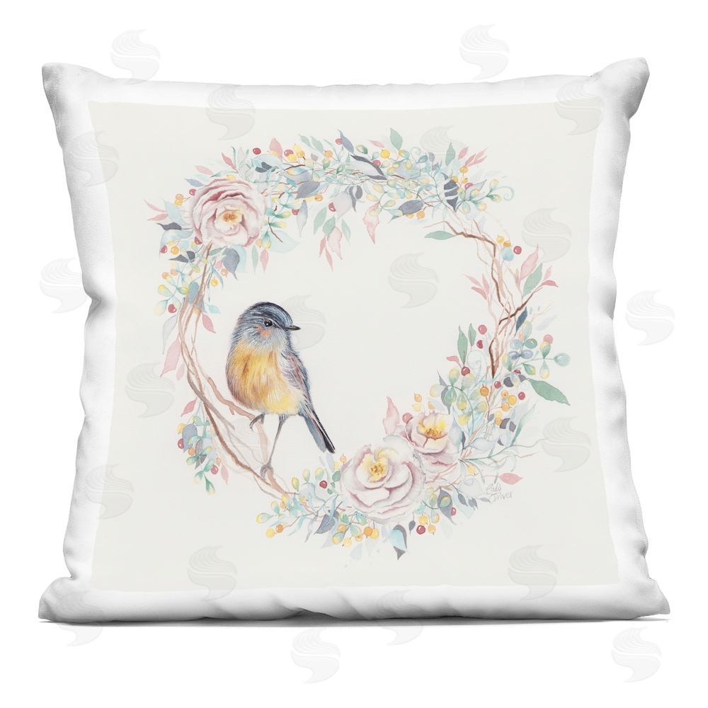 Cady Driver Spring Bird on Flower Wreath Indoor Printed Throw Pillow