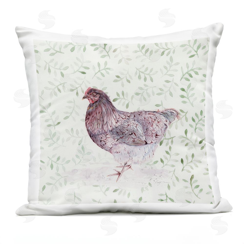 Cady Driver Hen Portrait on Leaf Sprigs Outdoor Printed Throw Pillow