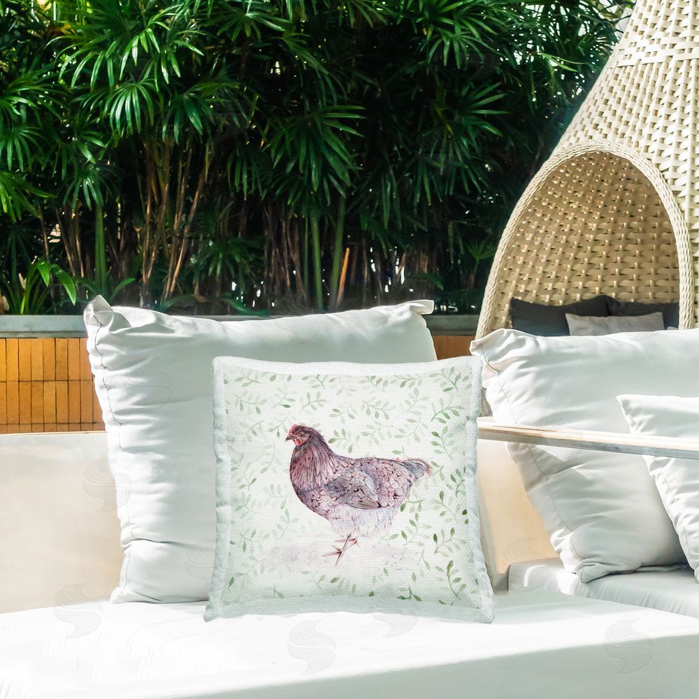 Cady Driver Hen Portrait on Leaf Sprigs Outdoor Printed Throw Pillow on Patio