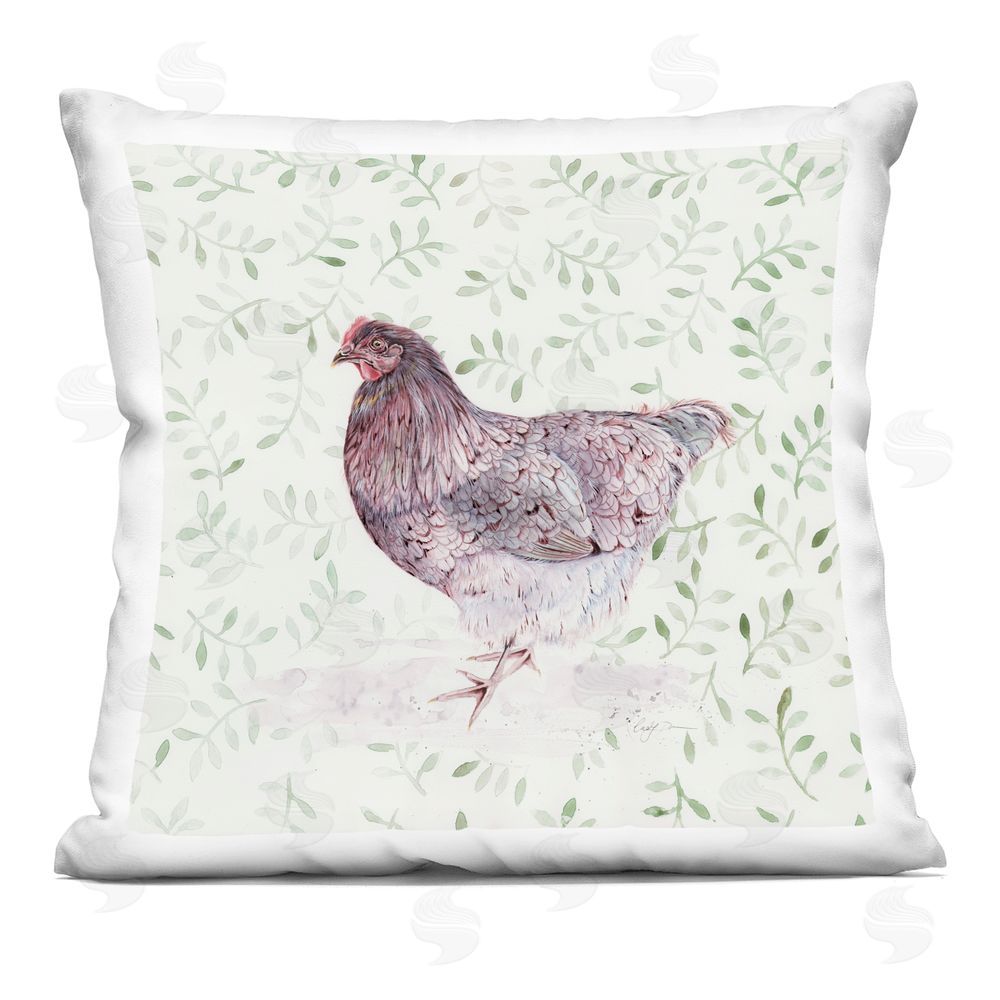 Cady Driver Hen Portrait on Leaf Sprigs Indoor Printed Throw Pillow