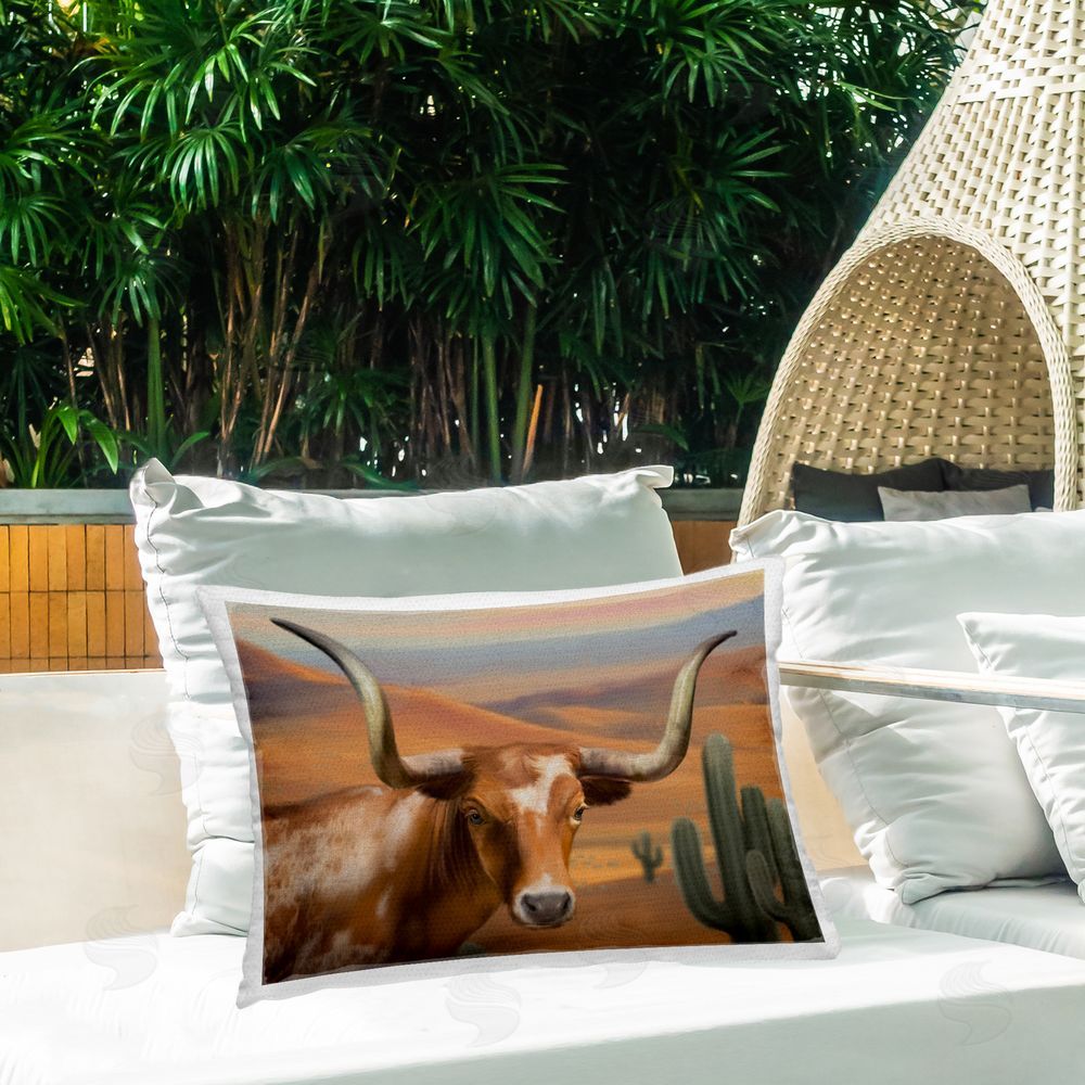 Matthew Piotrowicz Longhorn Western Landscape Outdoor Quick-Dry Polyester Printed Lumbar Pillow on Patio