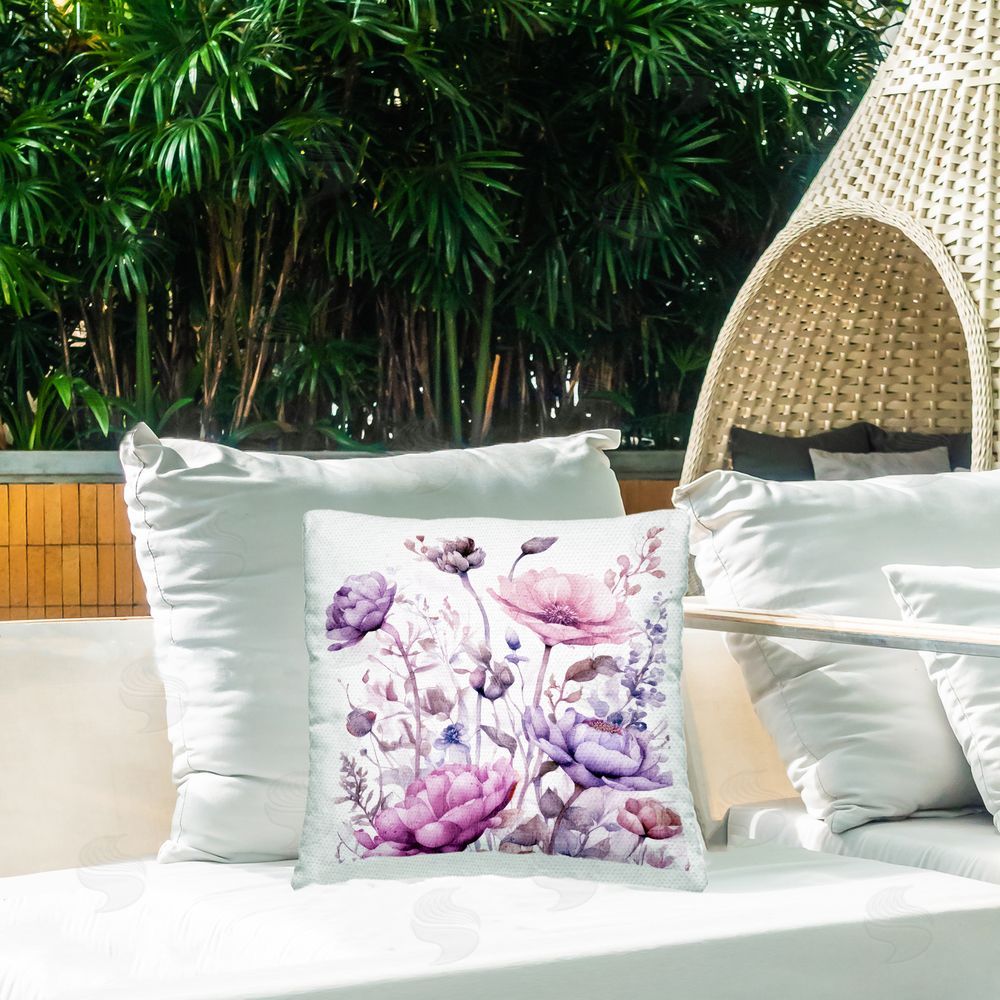 Kim Allen Purple & Pink Florals Outdoor Quick-Dry Polyester Printed Square Pillow on Patio