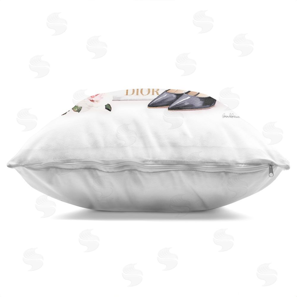 Amanda Greenwood Luxury Books & Puppy Indoor Plush Polyester Square Throw Pillow Zipper Detail