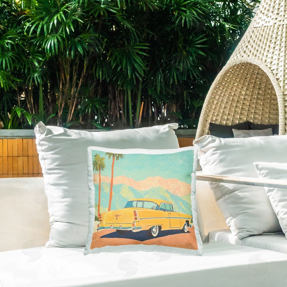 Walker Noble Classic Yellow Coupe & Palm Trees Outdoor Quick-Dry Polyester Printed Square Pillow on Patio
