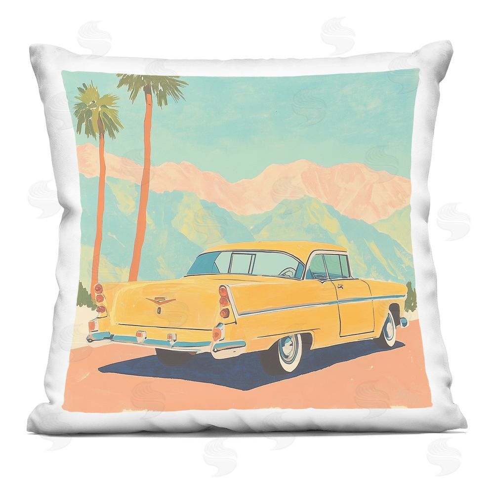 Walker Noble Classic Yellow Coupe & Palm Trees Indoor Plush Polyester Square Throw Pillow