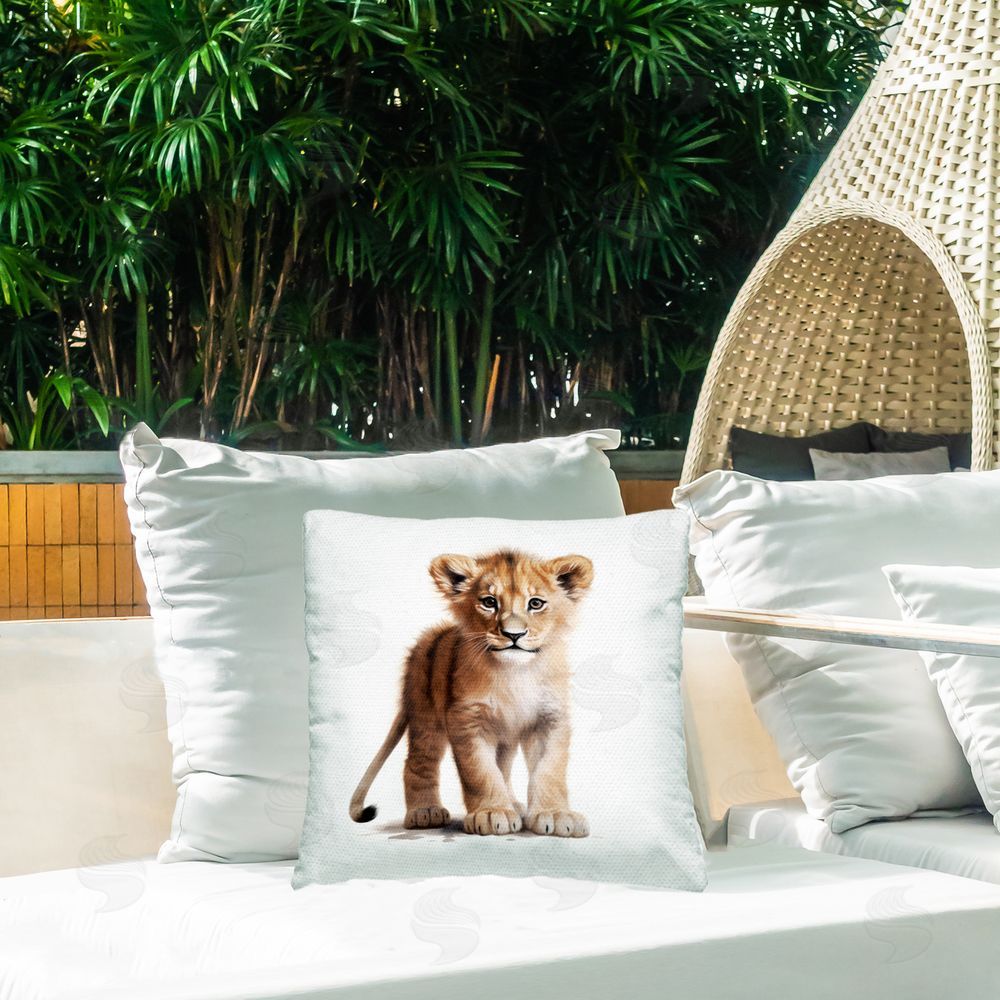 Ray Powers Lion Cub's Gentle Gaze Outdoor Quick-Dry Polyester Printed Square Pillow on Patio