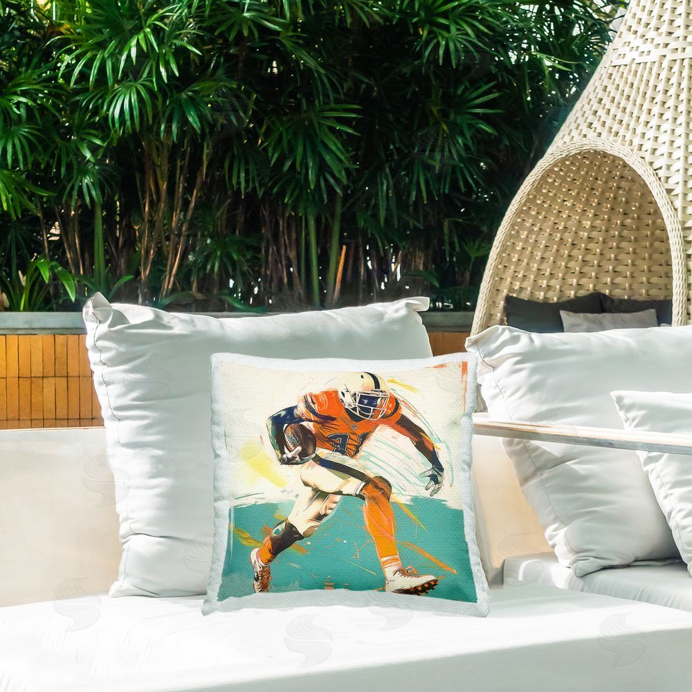 Steve Hunziker Football Dash in Motion Outdoor Quick-Dry Polyester Printed Square Pillow on Patio