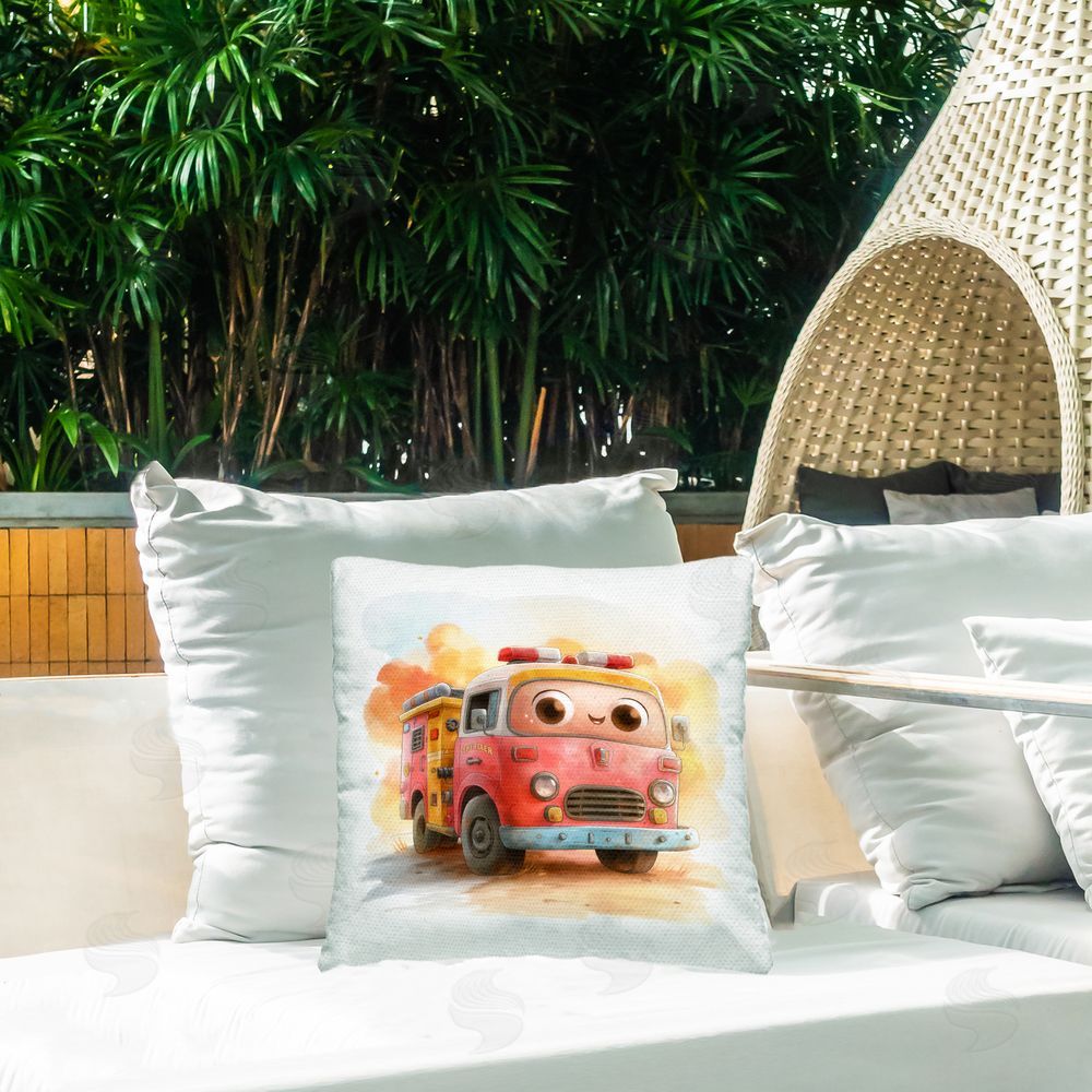 Steve Hunziker Smiling Vintage Firetruck Outdoor Quick-Dry Polyester Printed Square Pillow on Patio