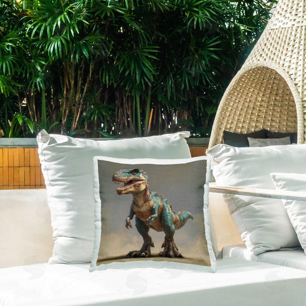 Wumples Turquoise T-Rex Study Outdoor Quick-Dry Polyester Printed Square Pillow on Patio