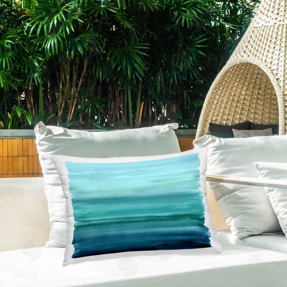 Allie Corbin Ombre Teal Gradient Outdoor Quick-Dry Polyester Printed Lumbar Pillow on Patio