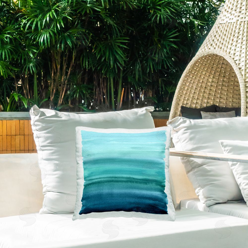 Allie Corbin Aqua Ombre Gradient Outdoor Quick-Dry Polyester Printed Square Pillow on Patio