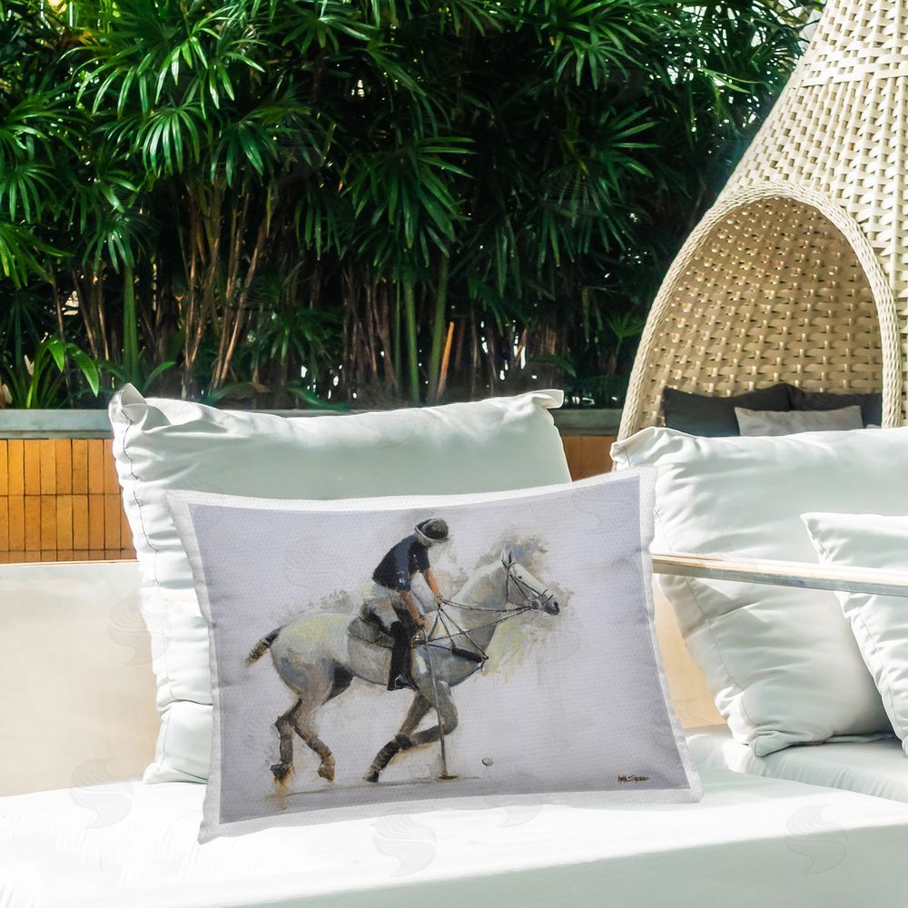 Jadei Graphics Polo Rider in Motion Outdoor Quick-Dry Polyester Printed Lumbar Pillow on Patio