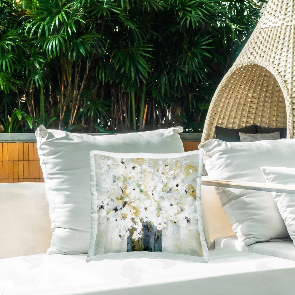 Lorenzo Collective Mindful White Florals Outdoor Quick-Dry Polyester Printed Square Pillow on Patio