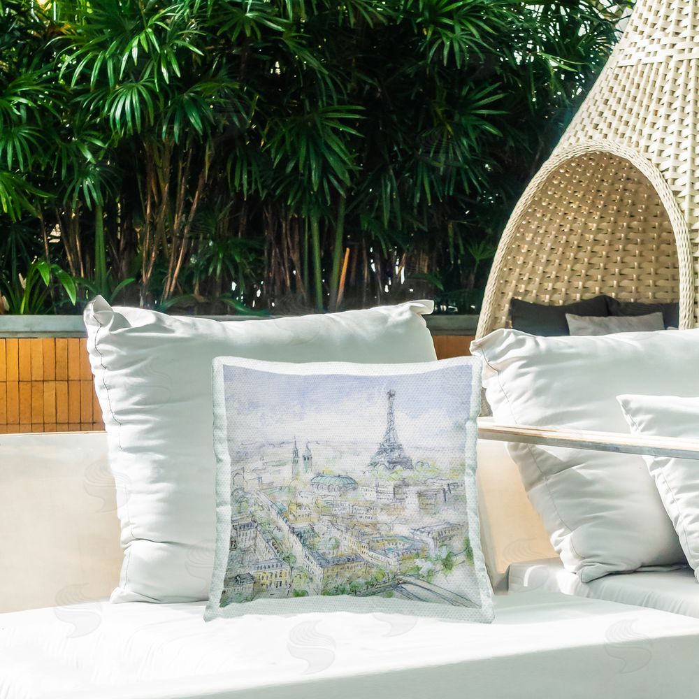 Lorenzo Collective Paris Dreaming Sketched Skyline Outdoor Quick-Dry Polyester Printed Square Pillow on Patio