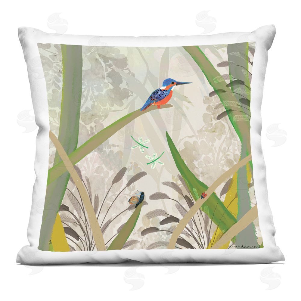 Kay Widdowson Kingfisher Among Branches Indoor Plush Polyester Square Throw Pillow