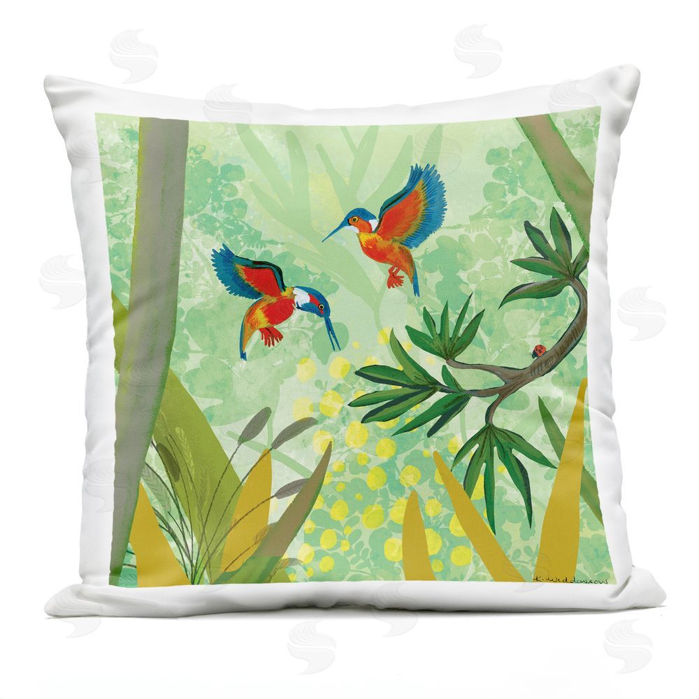 Kay Widdowson Kingfishers in Jungle Branches Outdoor Quick-Dry Polyester Square Throw Pillow