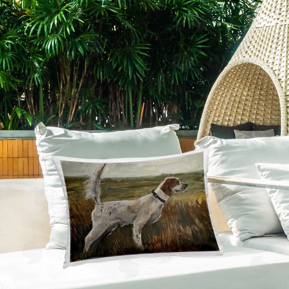 Marian Parsons Pointer Canine in Golden Field Outdoor Quick-Dry Polyester Printed Lumbar Pillow on Patio