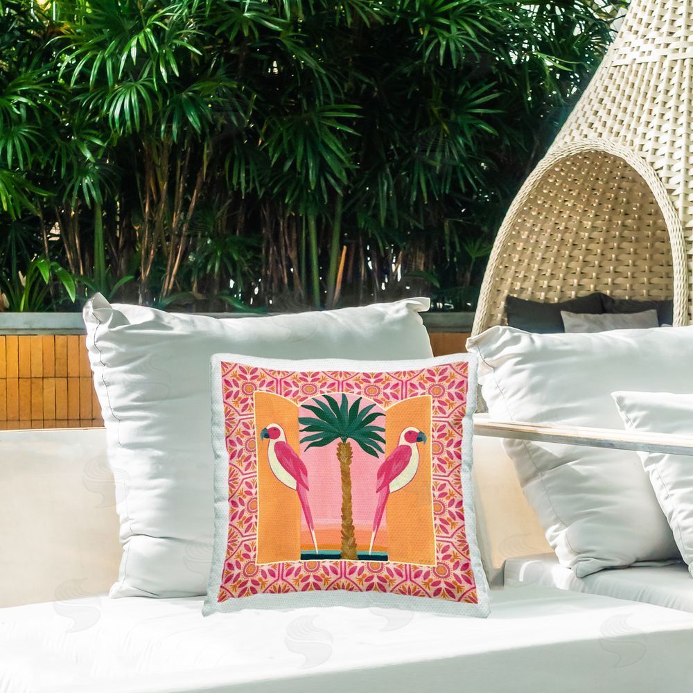 Yvette St. Amant Pink Tropical Birds Symmetry Outdoor Quick-Dry Polyester Printed Square Pillow on Patio