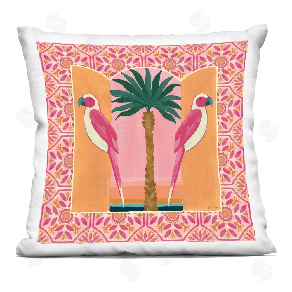 Yvette St. Amant Pink Tropical Birds Symmetry Indoor Plush Polyester Square Throw Pillow