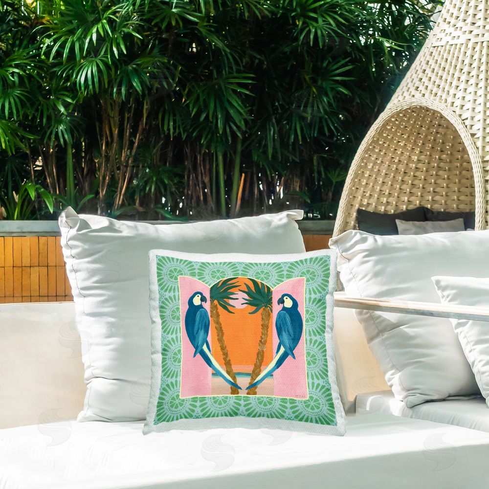 Yvette St. Amant Blue Parrots Tropical Symmetry Outdoor Quick-Dry Polyester Printed Square Pillow on Patio