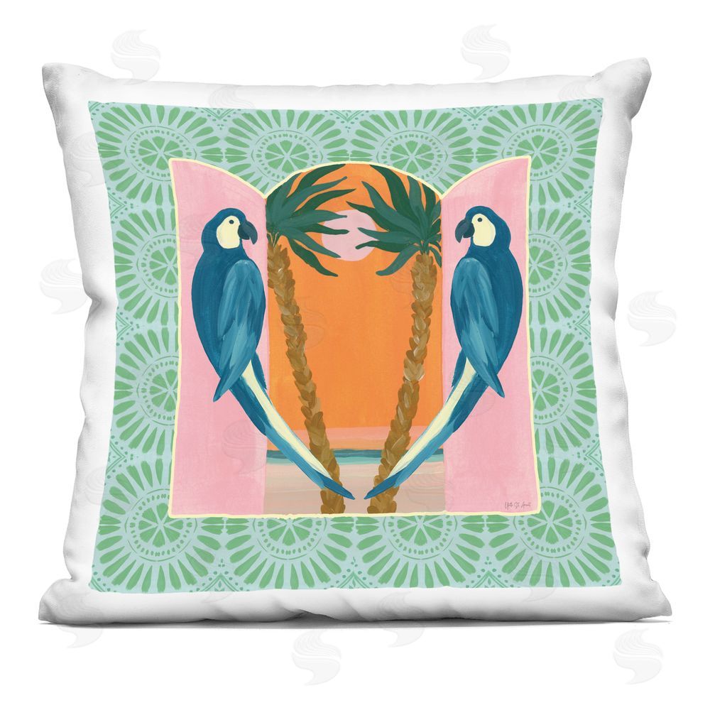 Yvette St. Amant Blue Parrots Tropical Symmetry Indoor Plush Polyester Square Throw Pillow