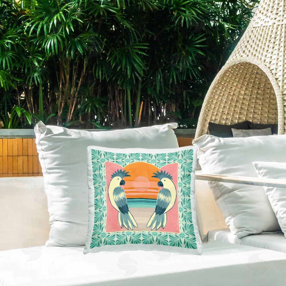 Yvette St. Amant Tropical Cockatoos at Sunset Outdoor Quick-Dry Polyester Printed Square Pillow on Patio