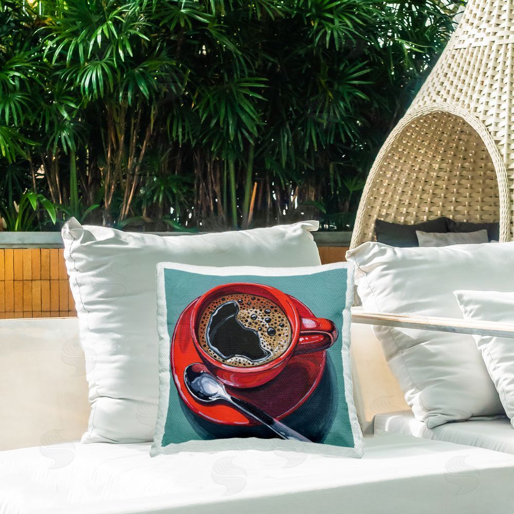 Kate Jarvik Birch Red Cup of Black Coffee Outdoor Quick-Dry Polyester Printed Square Pillow on Patio