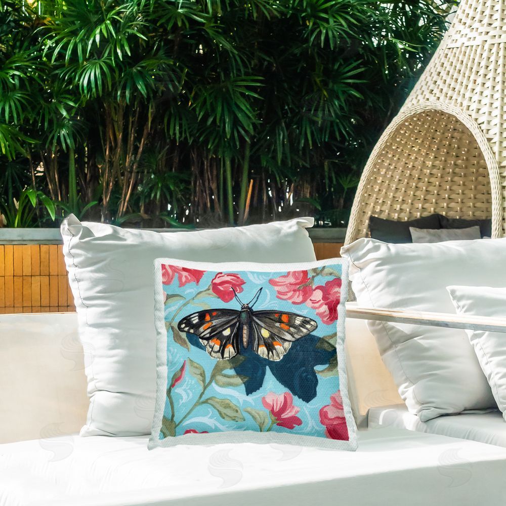 Kate Jarvik Birch Moth on Floral Pattern Outdoor Quick-Dry Polyester Printed Square Pillow on Patio