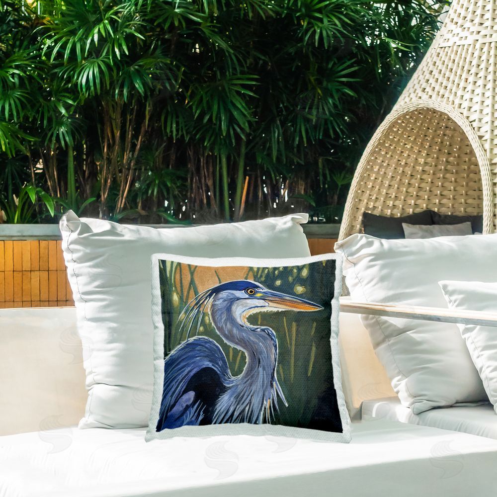 Kate Jarvik Birch Blue Heron Backlit in Morning Outdoor Quick-Dry Polyester Printed Square Pillow on Patio