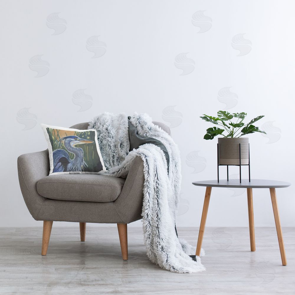 Kate Jarvik Birch Blue Heron Backlit in Morning Plush Polyester Printed Square Pillow on Chair