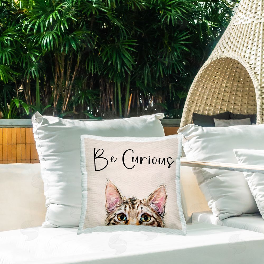 Kim Curinga Be Curious Peeking Tabby Kitten Outdoor Quick-Dry Polyester Printed Square Pillow on Patio