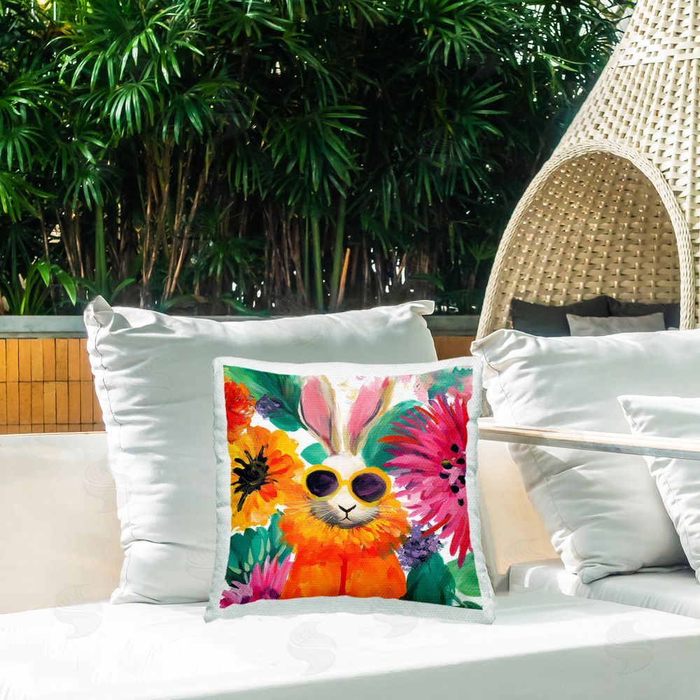 Lazar Studio Floral Glare Rabbit Square Outdoor Quick-Dry Polyester Throw Pillow on Seat