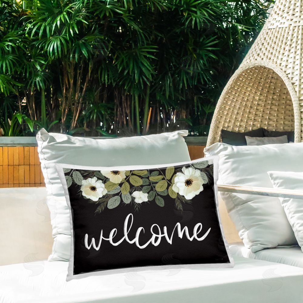 House Fenway Welcome with Leafy Florals Outdoor Quick-Dry Polyester Printed Lumbar Pillow on Patio