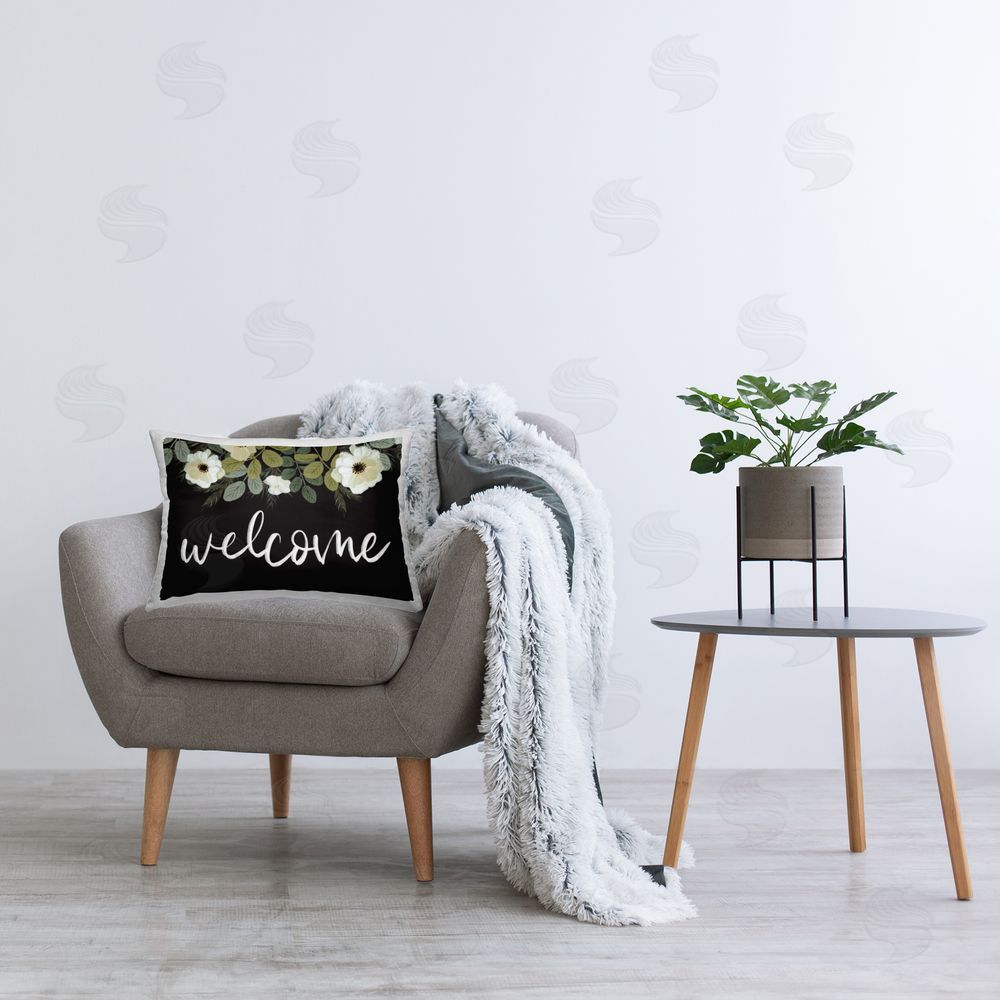 House Fenway Welcome with Leafy Florals Plush Polyester Printed Lumbar Pillow on Chair