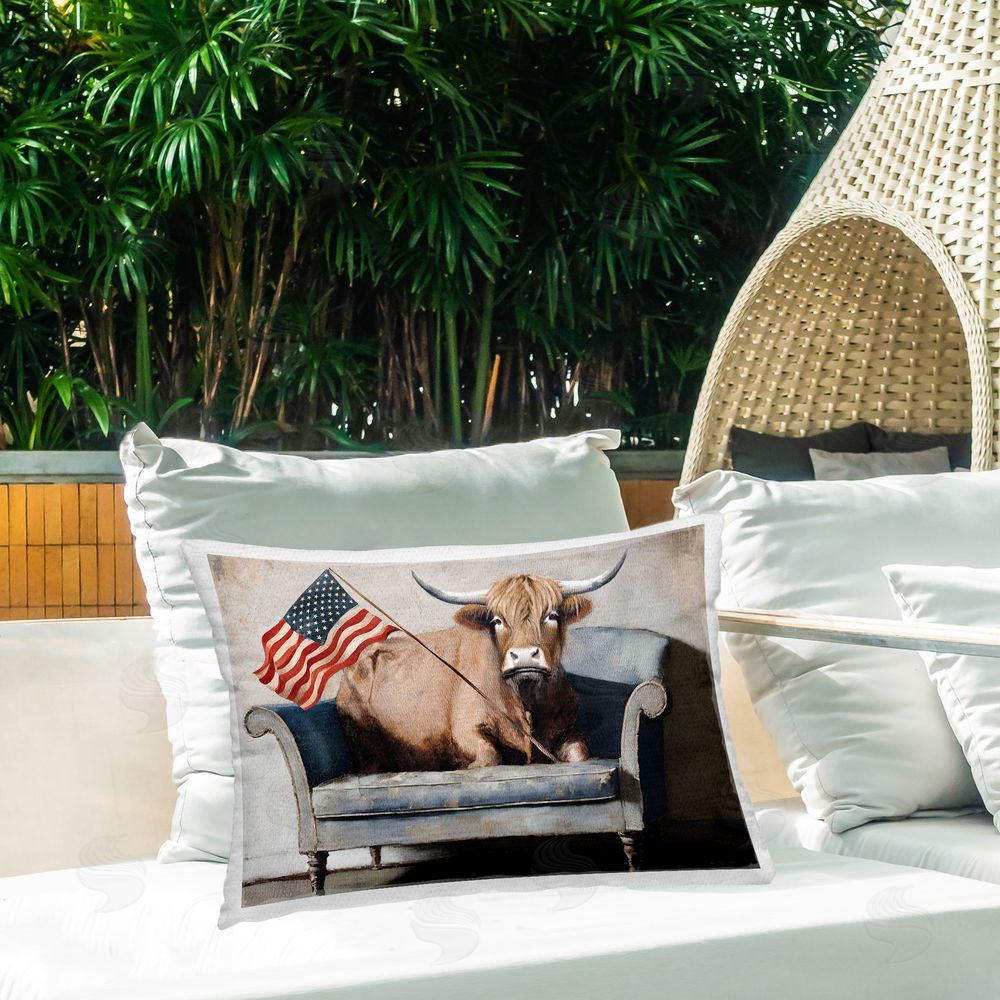 Jo Moulton Patriotic Cow on Sofa Outdoor Quick-Dry Polyester Printed Lumbar Pillow on Patio
