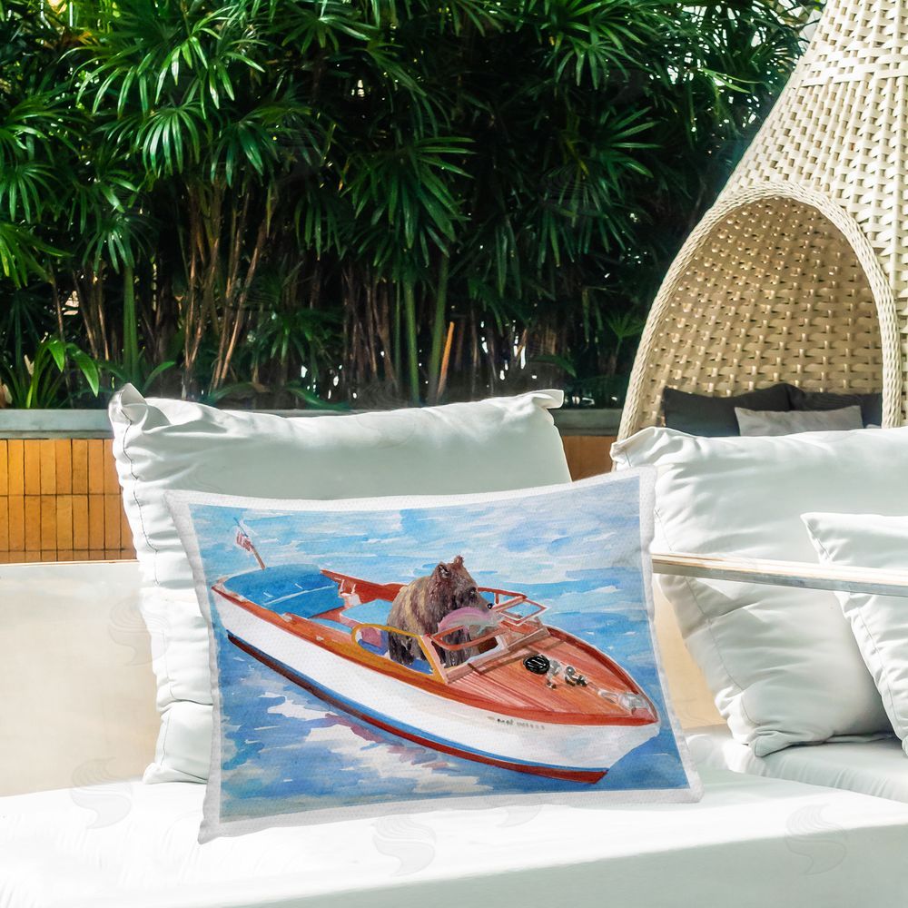 Stellar Design Studio Bear Fishing in Speedboat Outdoor Quick-Dry Polyester Printed Lumbar Pillow on Patio