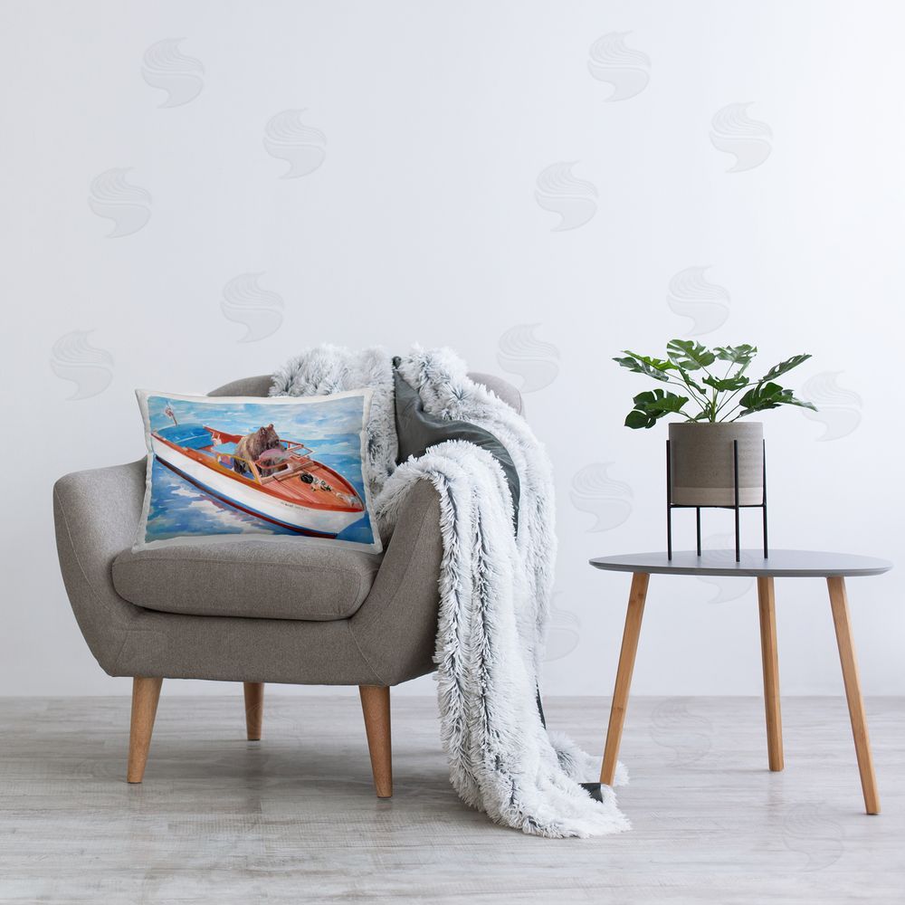 Stellar Design Studio Bear Fishing in Speedboat Plush Polyester Printed Lumbar Pillow on Chair