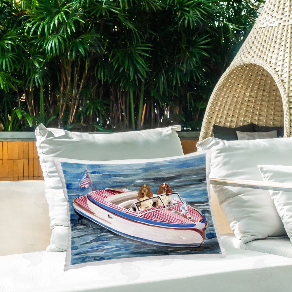 Stellar Design Studio Spaniel Dogs in Speedboat Outdoor Quick-Dry Polyester Printed Lumbar Pillow on Patio