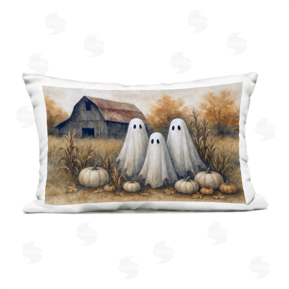 Antony Smith Ghost Trio on Pumpkin Farm Outdoor Printed Throw Pillow