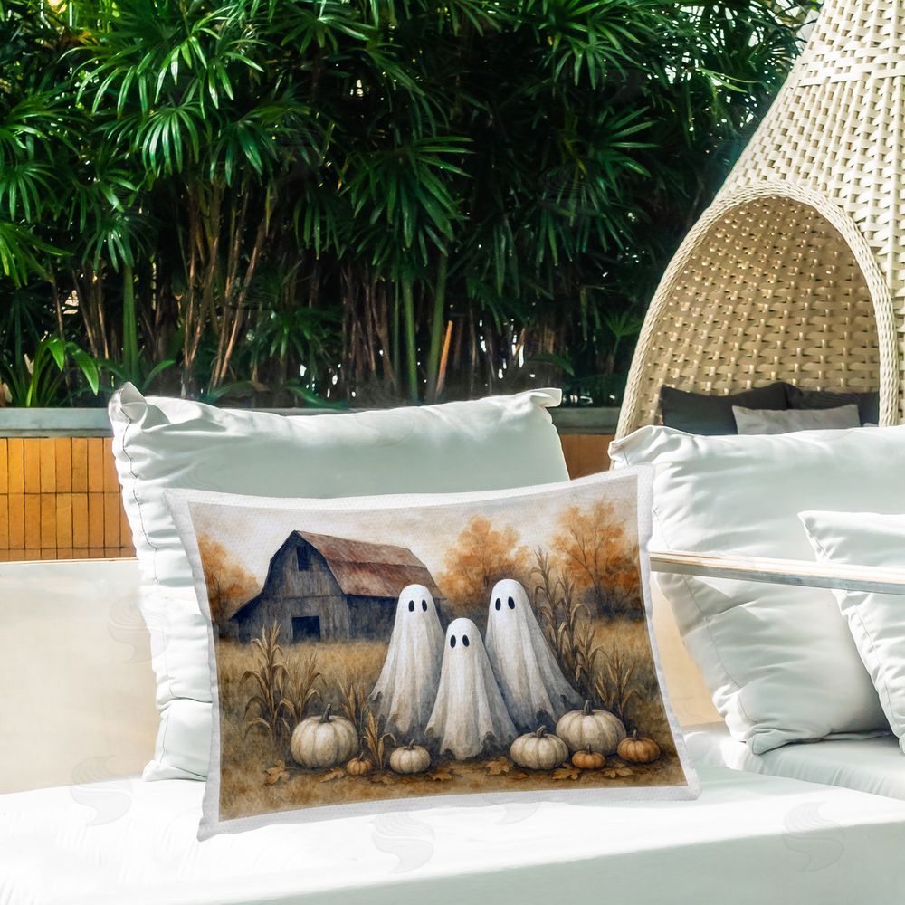 Antony Smith Ghost Trio on Pumpkin Farm Outdoor Printed Throw Pillow on Patio