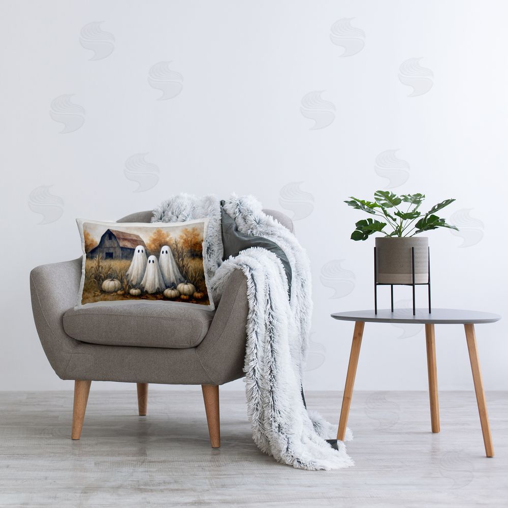 Antony Smith Ghost Trio on Pumpkin Farm Printed Indoor Throw Pillow in Room
