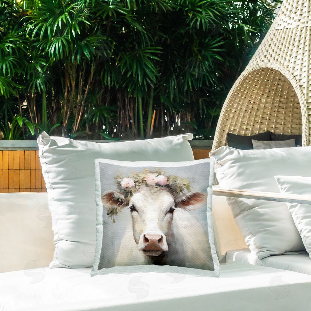 Heidi Kuntz Pretty Pearl Cow with Florals Outdoor Quick-Dry Polyester Printed Square Pillow on Patio
