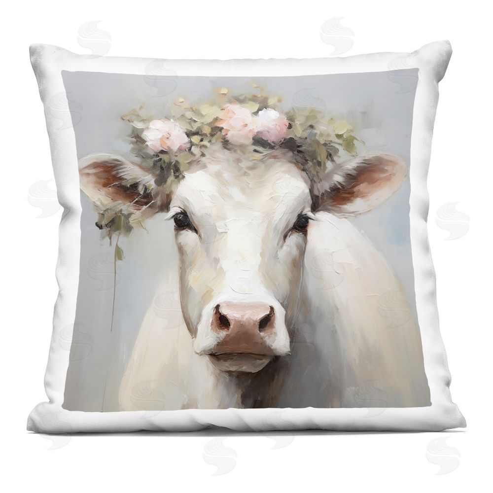 Heidi Kuntz Pretty Pearl Cow with Florals Indoor Plush Polyester Square Throw Pillow