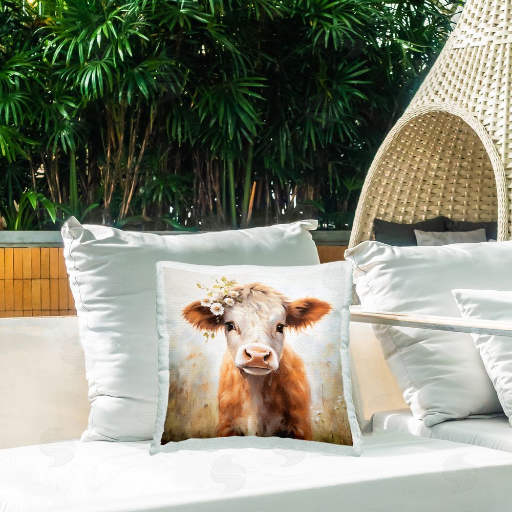 Heidi Kuntz Daisy Crowned Calf Outdoor Quick-Dry Polyester Printed Square Pillow on Patio