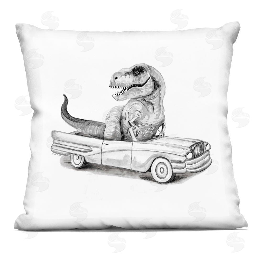 Rachel Nieman Grey Toned T-Rex in Car Indoor Plush Polyester Square Throw Pillow