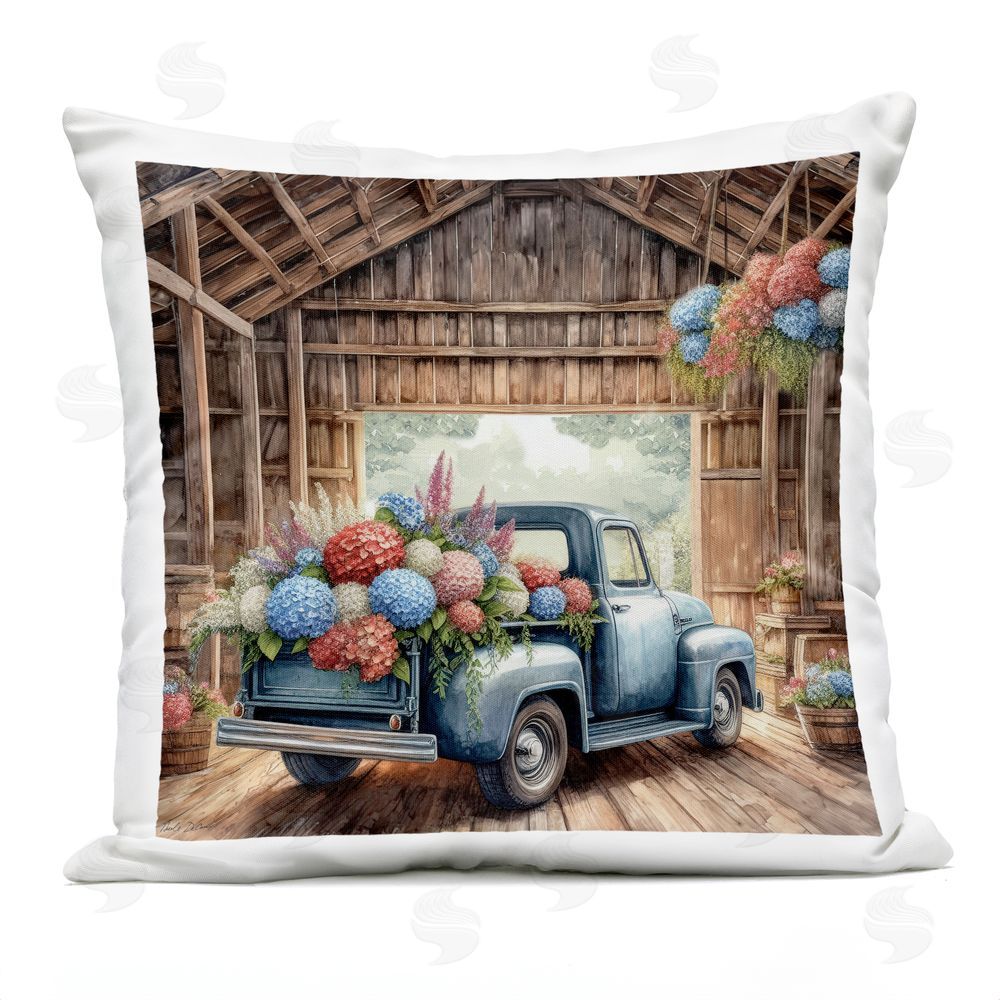 Nicole DeCamp Vintage Truck Americana Hydrangeas Outdoor Quick-Dry Polyester Square Throw Pillow