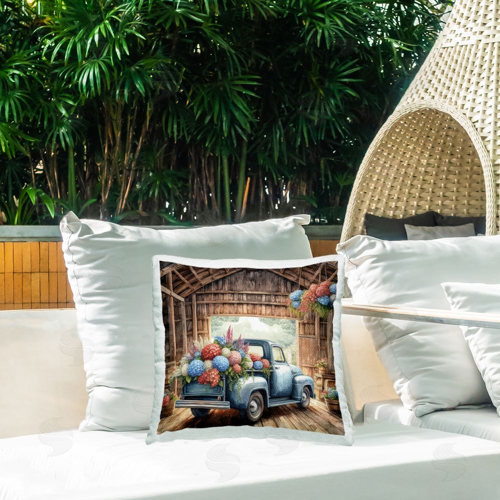 Nicole DeCamp Vintage Truck Americana Hydrangeas Outdoor Quick-Dry Polyester Printed Square Pillow on Patio