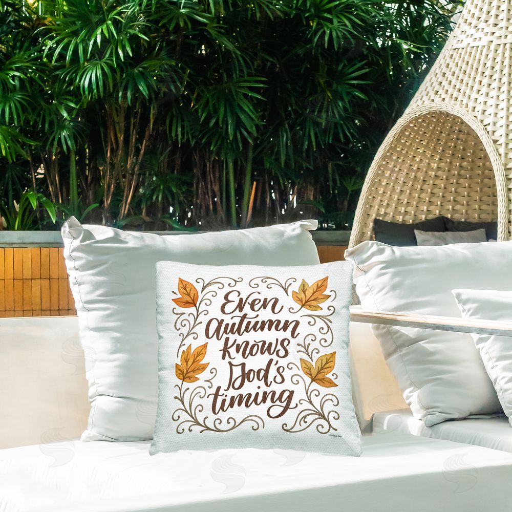 Imperfect Dust Autumn Knows God's Timing Outdoor Printed Throw Pillow on Patio